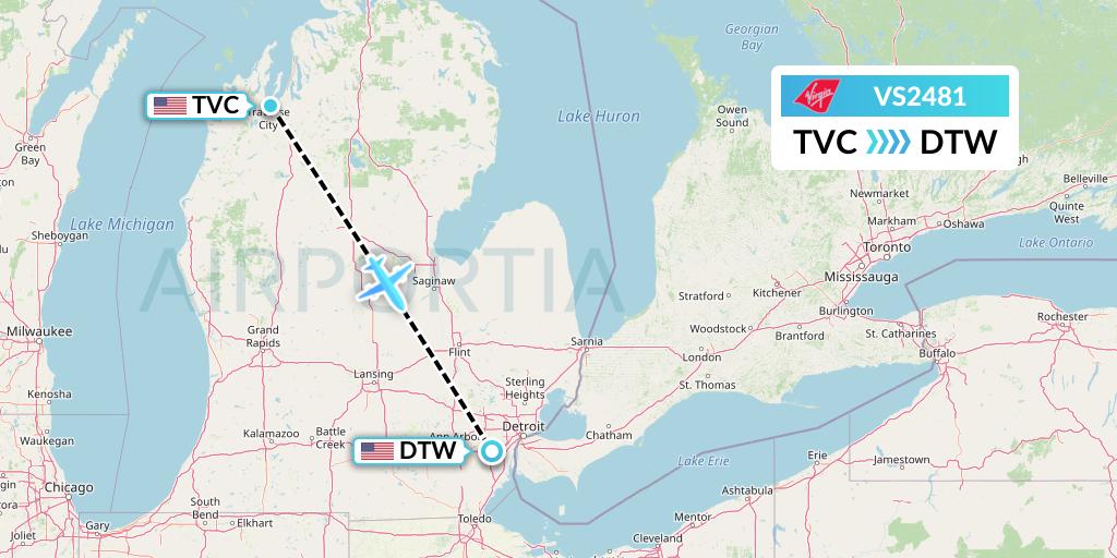 VS2481 Virgin Atlantic Airways Flight Map: Traverse City to Detroit