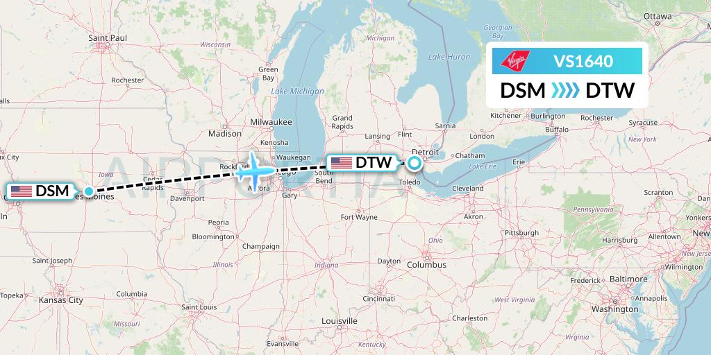 VS1640 Virgin Atlantic Airways Flight Map: Des Moines to Detroit