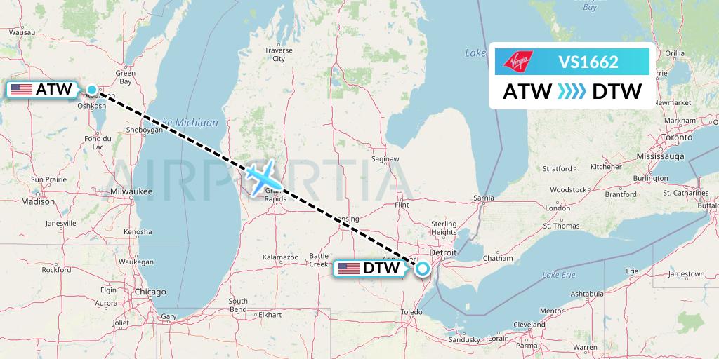 VS1662 Virgin Atlantic Airways Flight Map: Appleton to Detroit