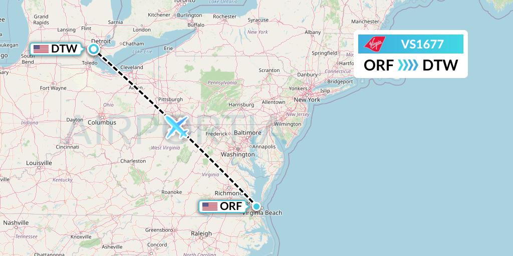 VS1677 Virgin Atlantic Airways Flight Map: Norfolk to Detroit