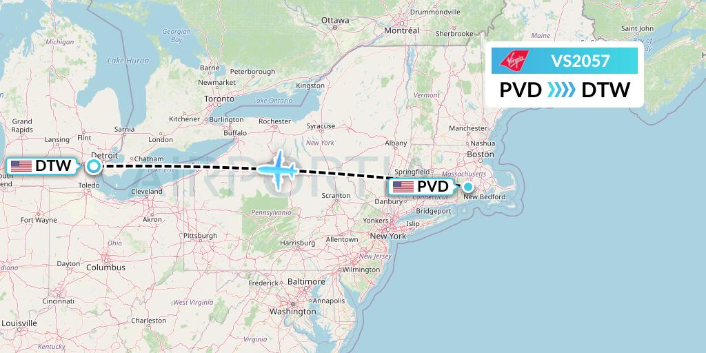 VS2057 Virgin Atlantic Airways Flight Map: Providence to Detroit