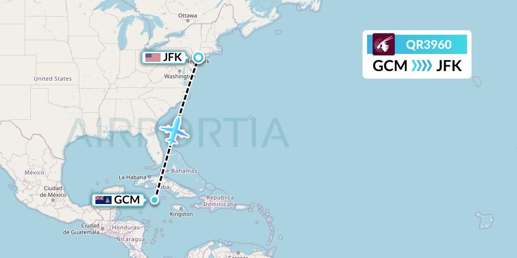 QR3960 Qatar Airways Flight Map: George Town to New York