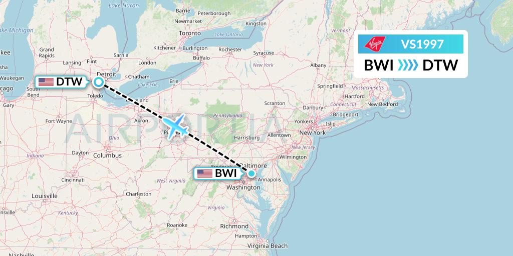 VS1997 Virgin Atlantic Airways Flight Map: Baltimore to Detroit