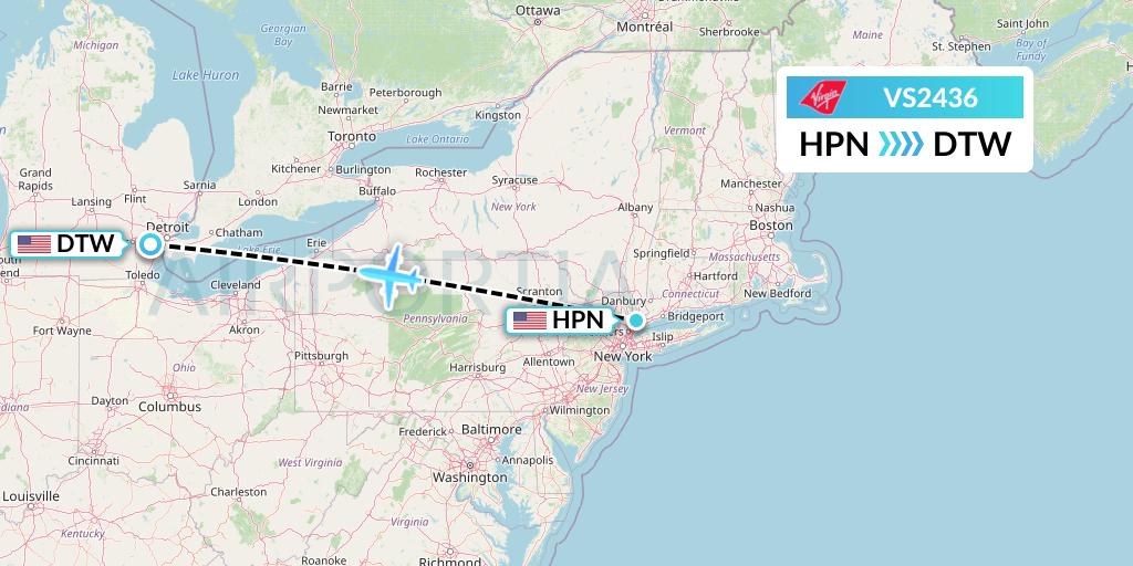 VS2436 Virgin Atlantic Airways Flight Map: White Plains to Detroit