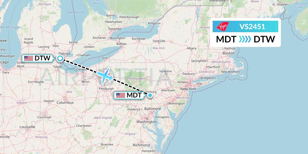 VS2451 Virgin Atlantic Airways Flight Map: Harrisburg to Detroit