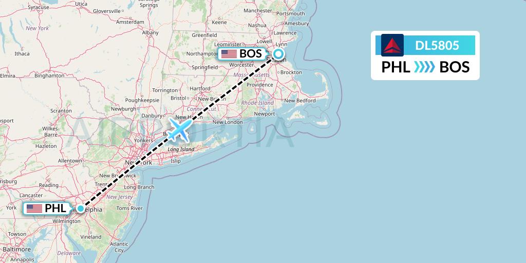DL5805 Delta Air Lines Flight Map: Philadelphia to Boston