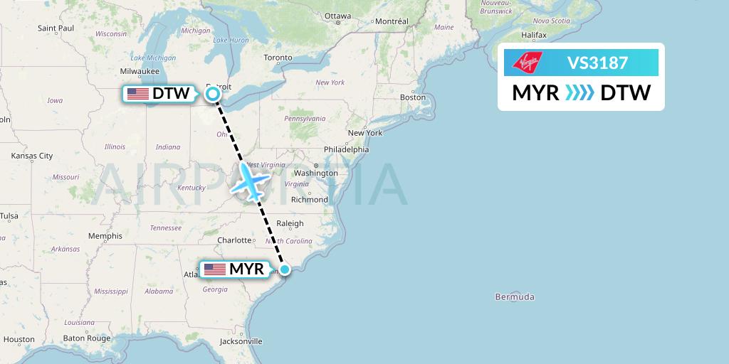VS3187 Virgin Atlantic Airways Flight Map: Myrtle Beach to Detroit