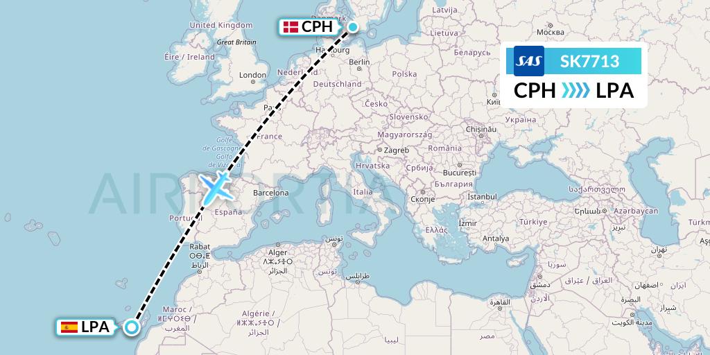 SK7713 SAS Flight Map: Copenhagen to Las Palmas
