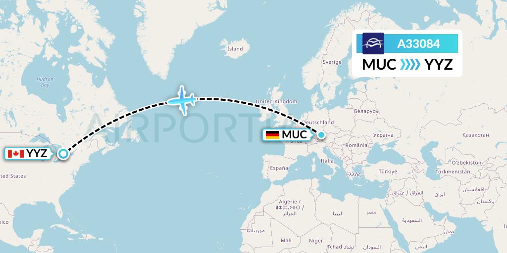 A33084 Aegean Airlines Flight Map: Munich to Toronto