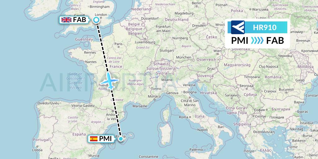 HR910 Hahn Air Flight Map: Palma de Mallorca to Farnborough