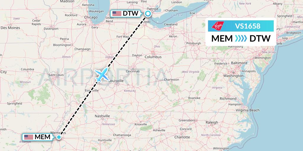 VS1658 Virgin Atlantic Airways Flight Map: Memphis to Detroit
