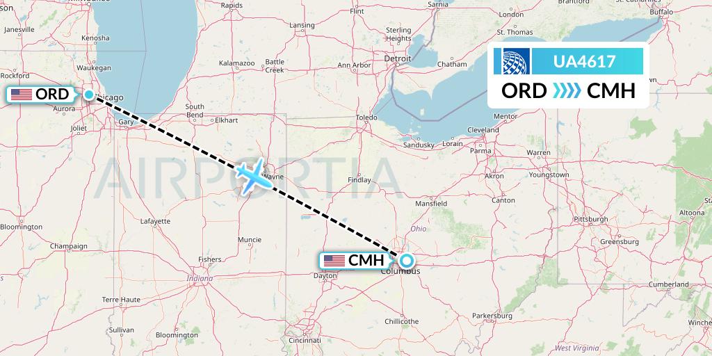 UA4617 United Airlines Flight Map: Chicago to Columbus