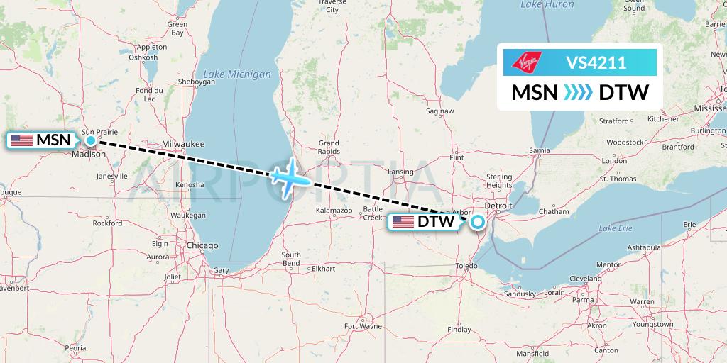 VS4211 Virgin Atlantic Airways Flight Map: Madison to Detroit