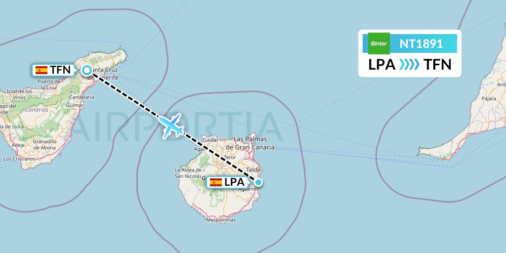 NT1891 Binter Canarias Flight Map: Las Palmas to Tenerife