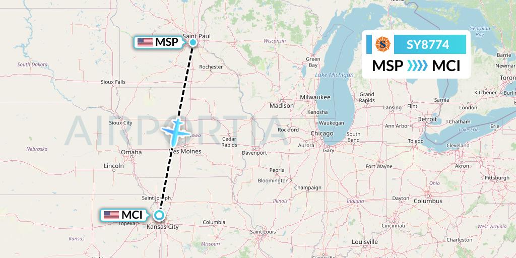 SY8774 Sun Country Airlines Flight Map: Minneapolis to Kansas City