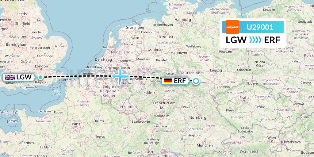 U29001 EasyJet Flight Map: London to Erfurt