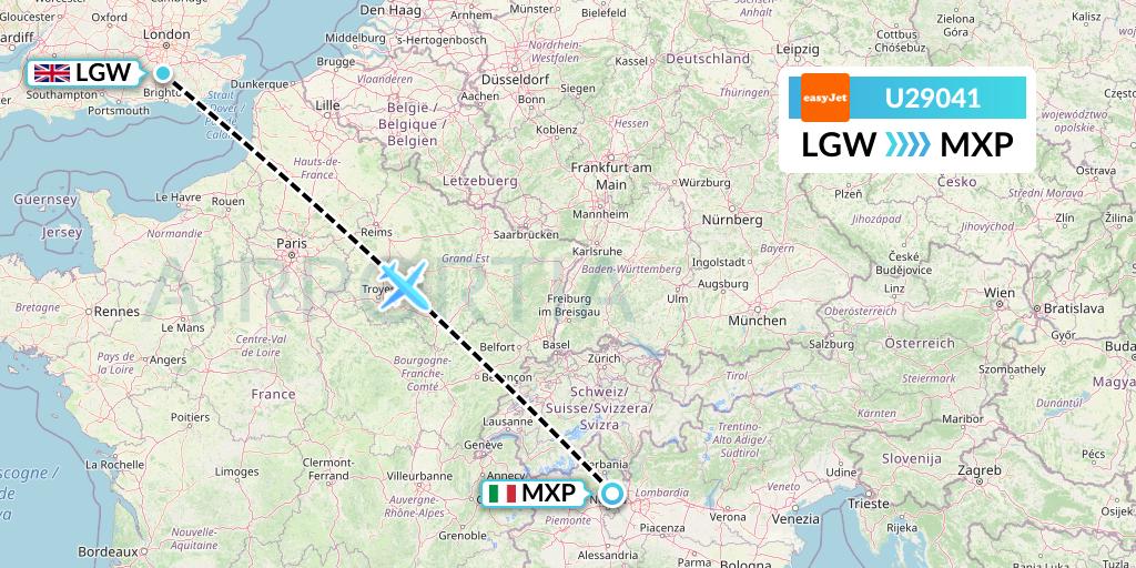 U29041 EasyJet Flight Map: London to Milan