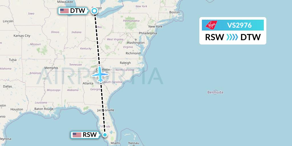 VS2976 Virgin Atlantic Airways Flight Map: Fort Myers to Detroit