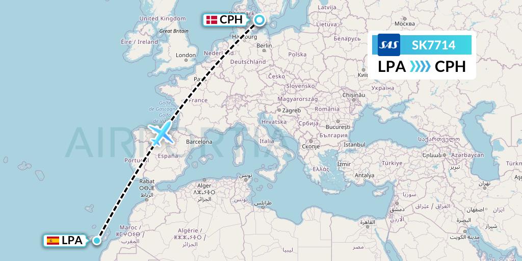 SK7714 SAS Flight Map: Las Palmas to Copenhagen