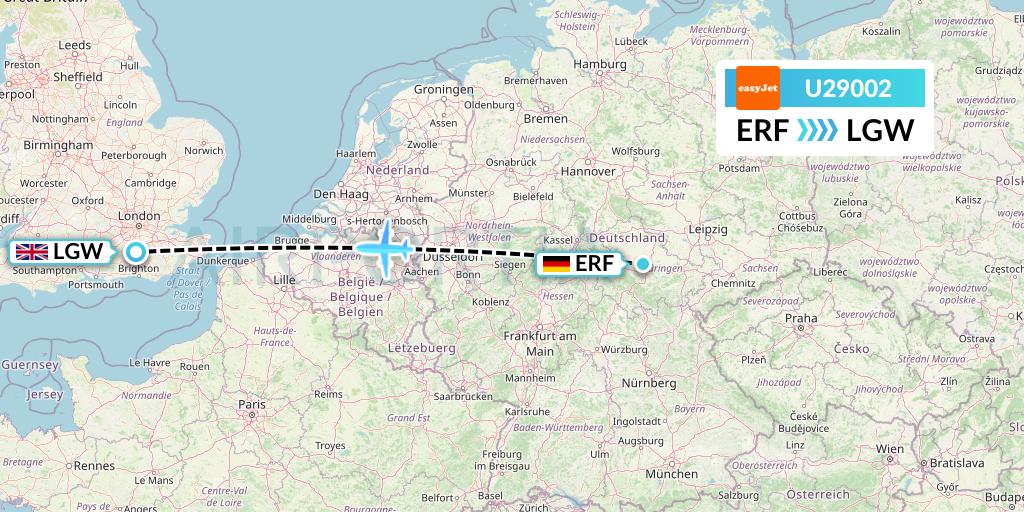 U29002 EasyJet Flight Map: Erfurt to London