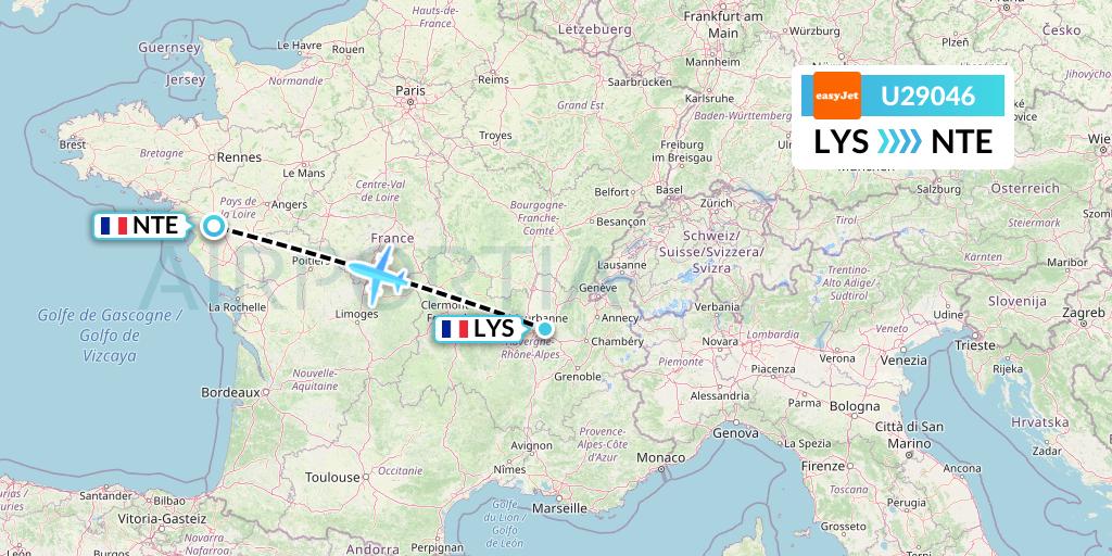 U29046 EasyJet Flight Map: Lyon to Nantes