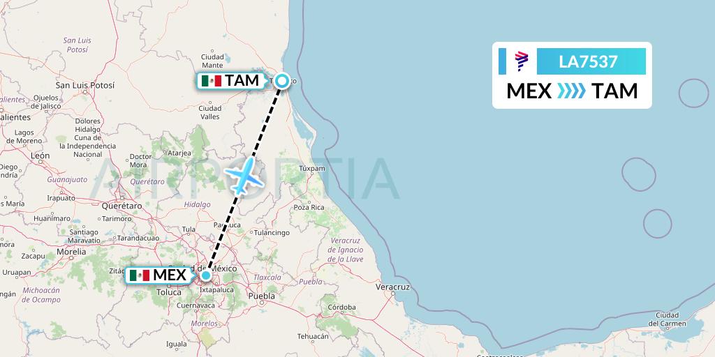 LA7537 LAN Airlines Flight Map: Mexico City to Tampico