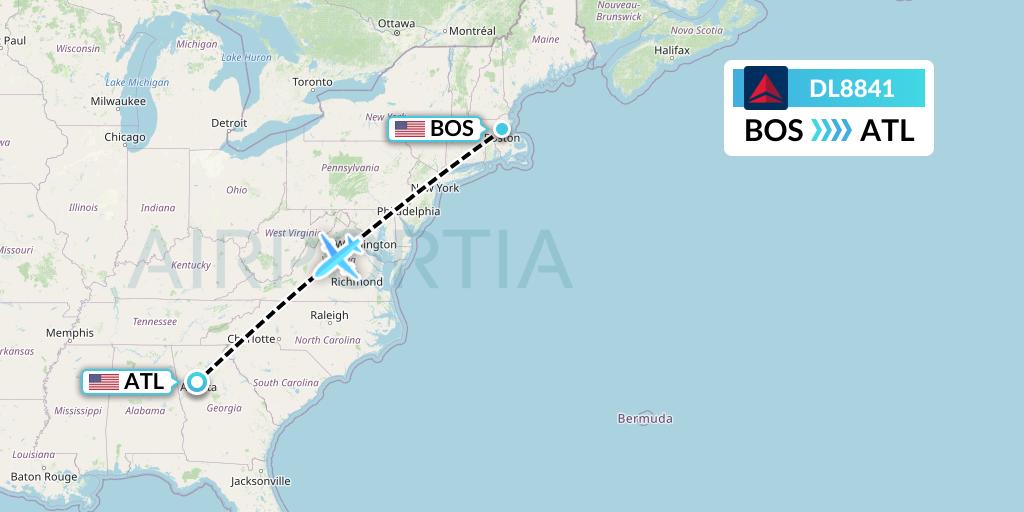 DL8841 Delta Air Lines Flight Map: Boston to Atlanta