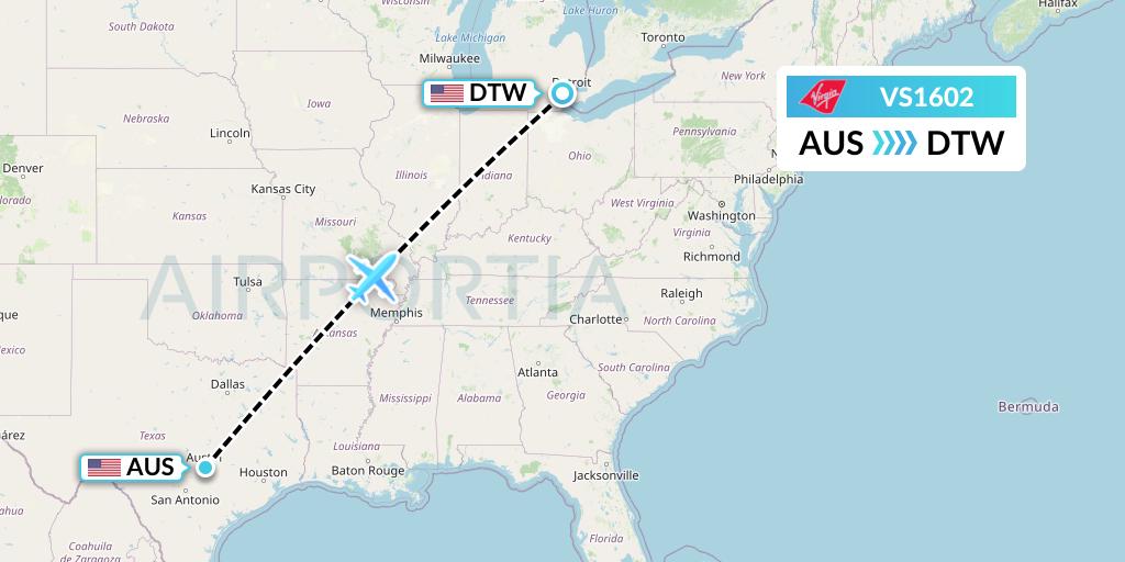 VS1602 Virgin Atlantic Airways Flight Map: Austin to Detroit