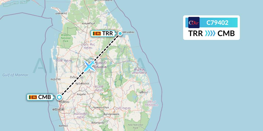 C79402 Cinnamon Air Flight Map: Trincomalee to Colombo