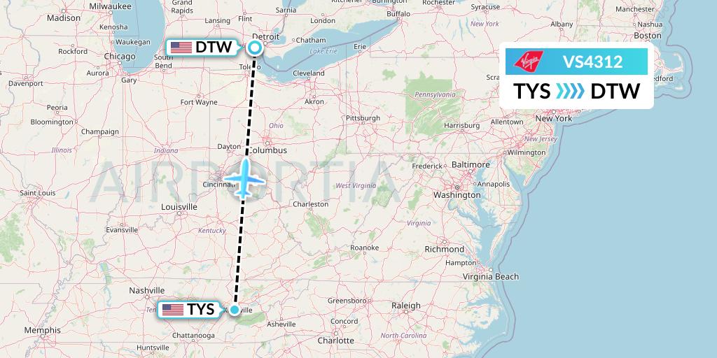 VS4312 Virgin Atlantic Airways Flight Map: Knoxville to Detroit