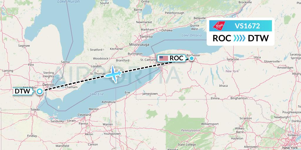 VS1672 Virgin Atlantic Airways Flight Map: Rochester to Detroit