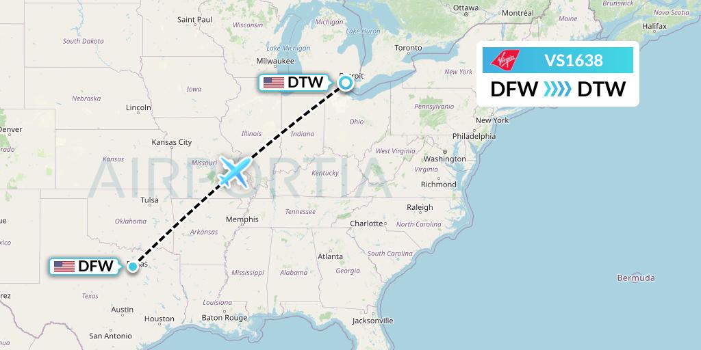 VS1638 Virgin Atlantic Airways Flight Map: Dallas to Detroit