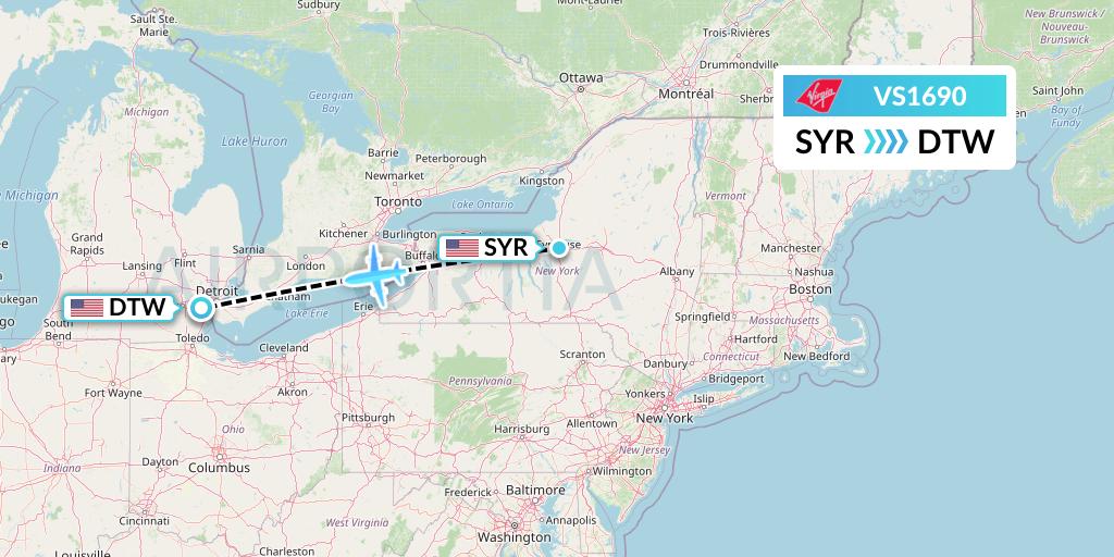 VS1690 Virgin Atlantic Airways Flight Map: Syracuse to Detroit