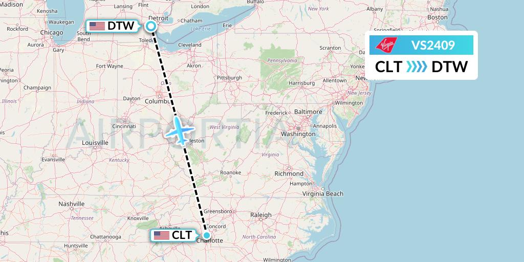 VS2409 Virgin Atlantic Airways Flight Map: Charlotte to Detroit