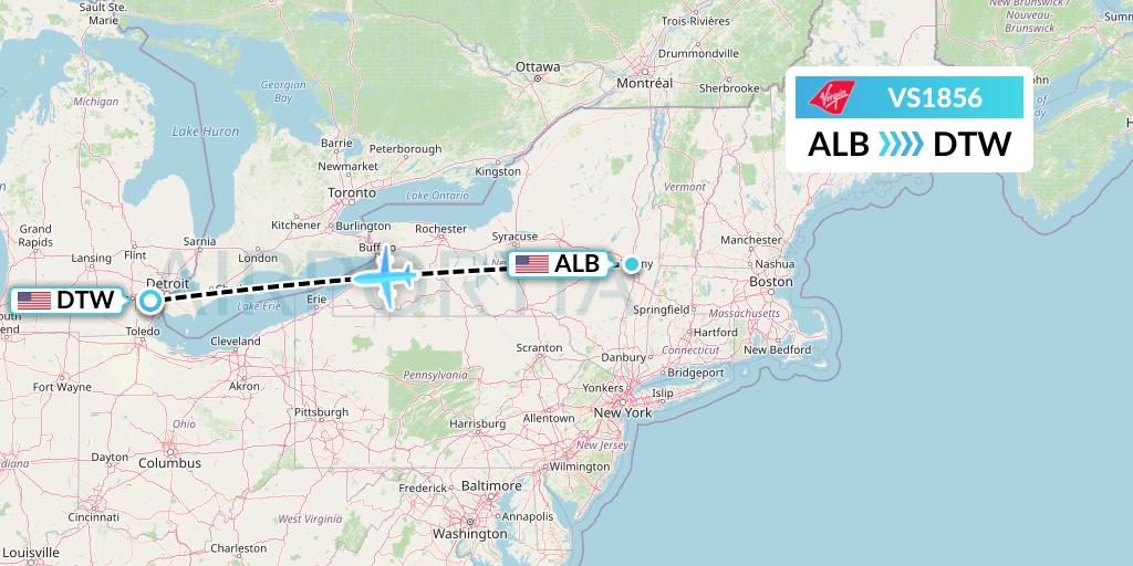 VS1856 Virgin Atlantic Airways Flight Map: Albany to Detroit
