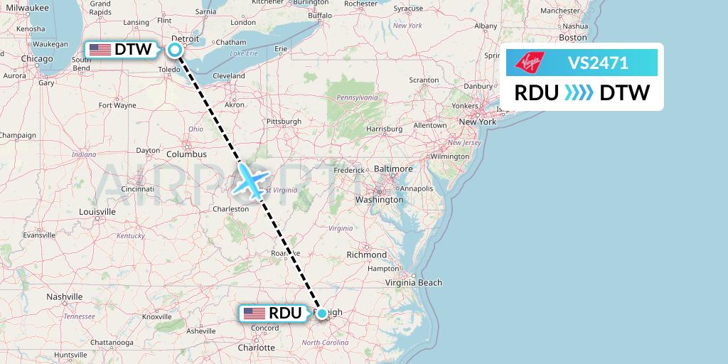 VS2471 Virgin Atlantic Airways Flight Map: Raleigh-Durham to Detroit