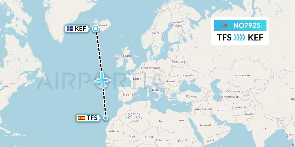 NO7925 Neos Flight Map: Tenerife to Reykjavik