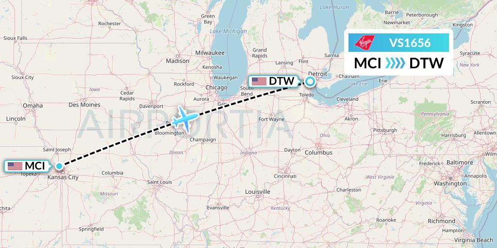 VS1656 Virgin Atlantic Airways Flight Map: Kansas City to Detroit