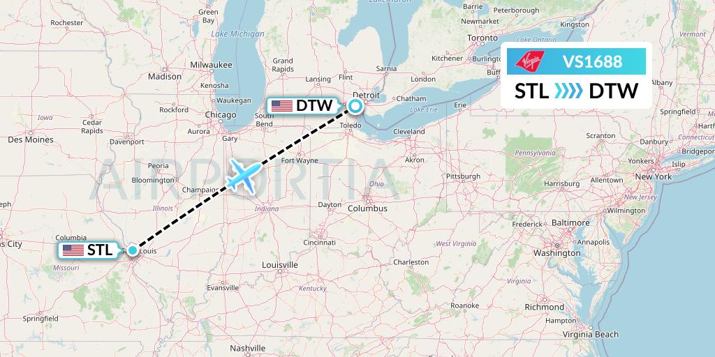 VS1688 Virgin Atlantic Airways Flight Map: St. Louis to Detroit