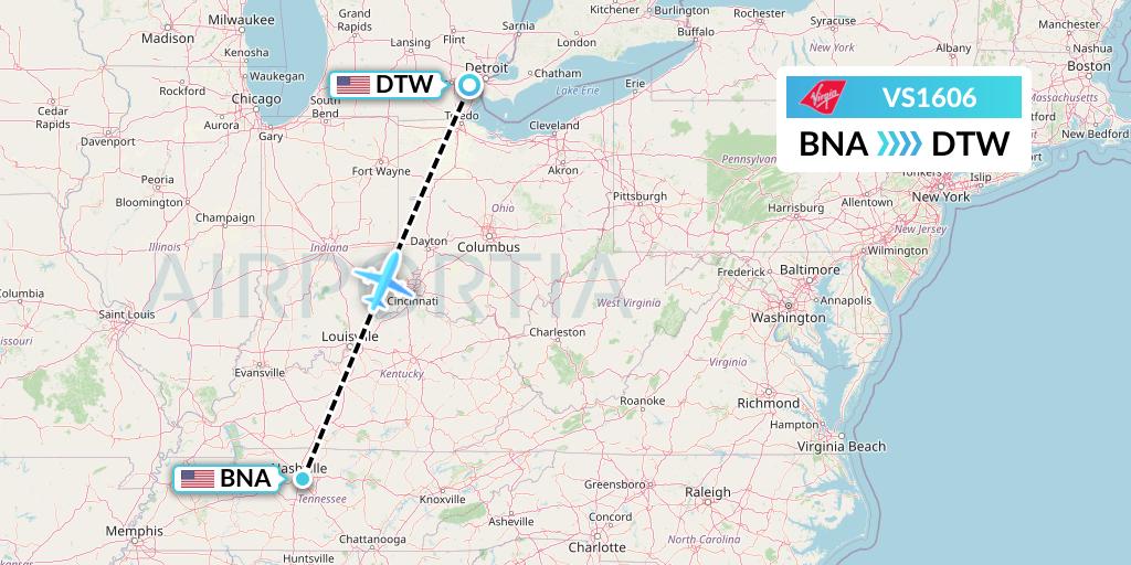 VS1606 Virgin Atlantic Airways Flight Map: Nashville to Detroit