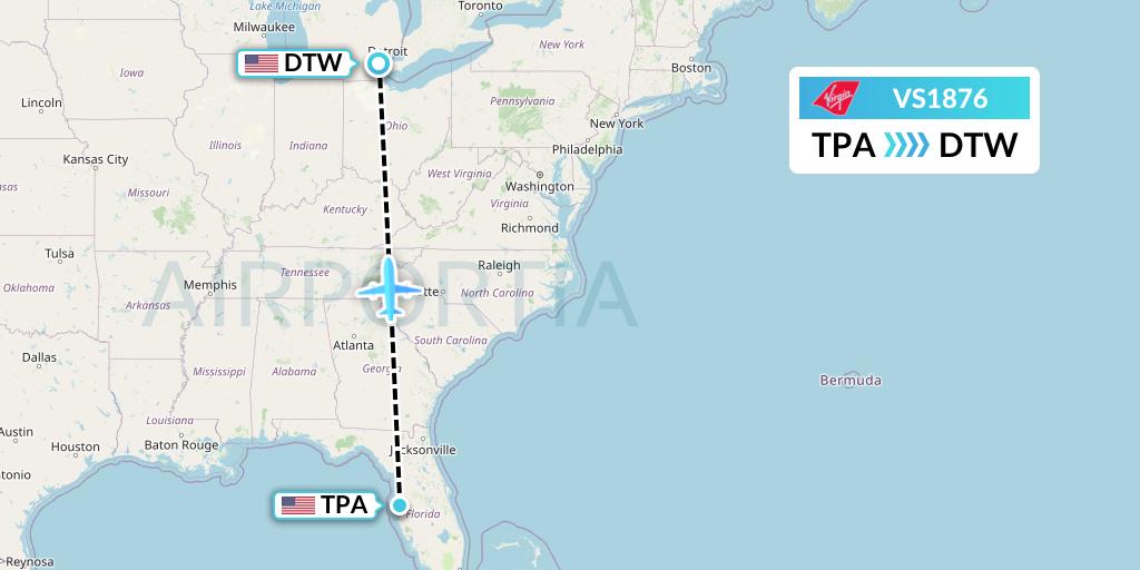 VS1876 Virgin Atlantic Airways Flight Map: Tampa to Detroit