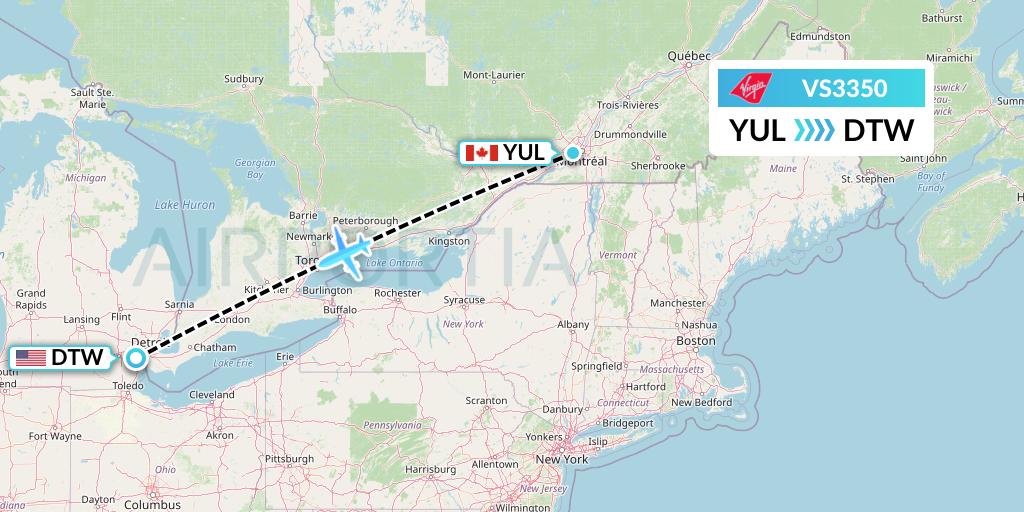 VS3350 Virgin Atlantic Airways Flight Map: Montreal to Detroit
