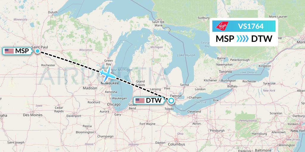 VS1764 Virgin Atlantic Airways Flight Map: Minneapolis to Detroit