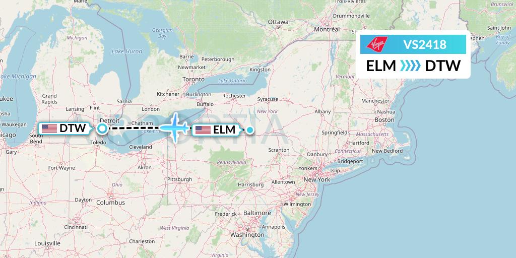VS2418 Virgin Atlantic Airways Flight Map: Elmira to Detroit