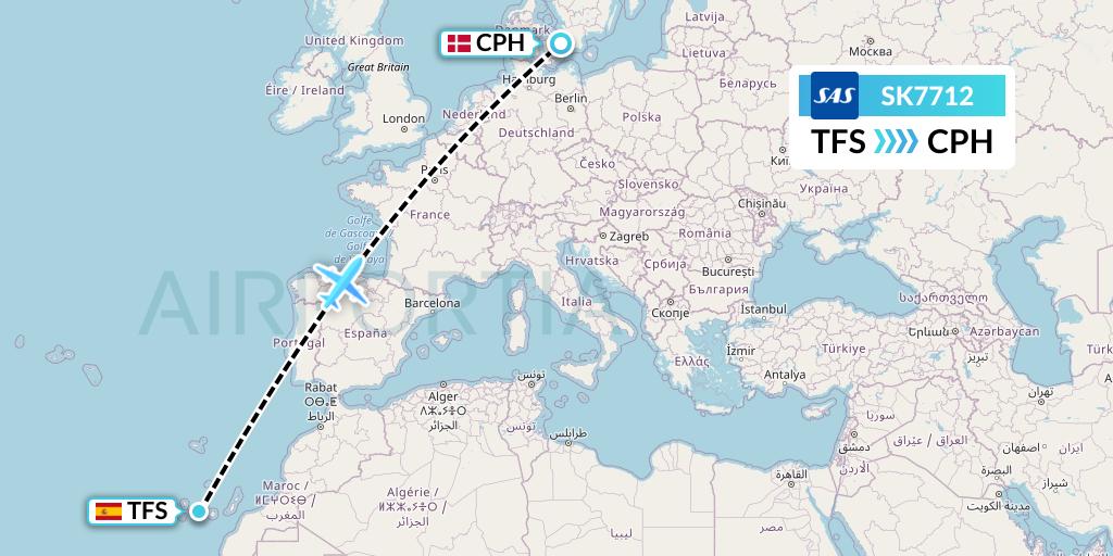 SK7712 SAS Flight Map: Tenerife to Copenhagen