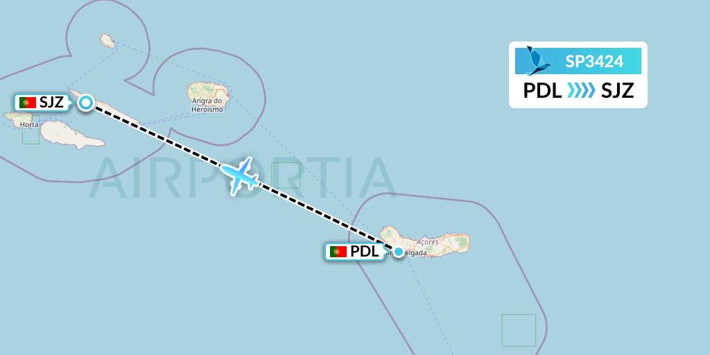 SP3424 SATA Air Acores Flight Map: Ponta Delgada to Sao Jorge