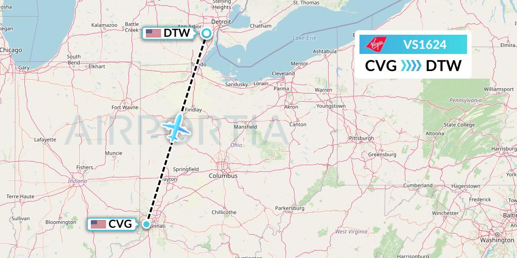 VS1624 Virgin Atlantic Airways Flight Map: Cincinnati to Detroit