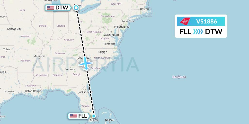 VS1886 Virgin Atlantic Airways Flight Map: Fort Lauderdale to Detroit