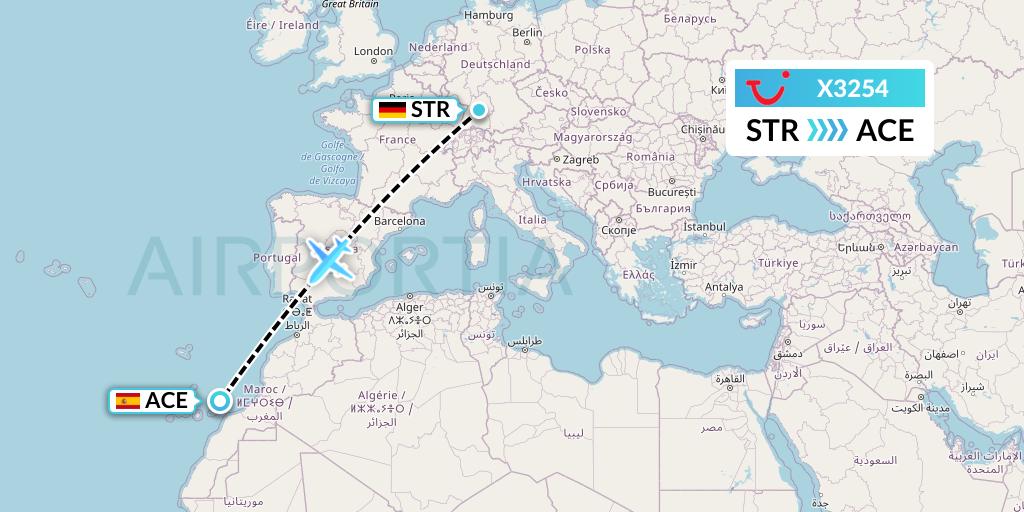 X3254 TUI fly Germany Flight Map: Stuttgart to Lanzarote
