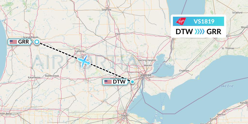 VS1819 Virgin Atlantic Airways Flight Map: Detroit to Grand Rapids